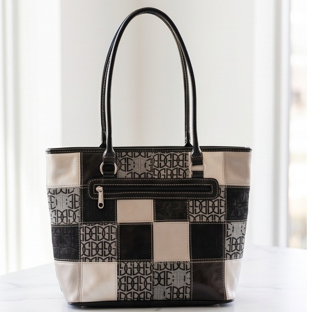Giani Bernini Patchwork Logo Tote Bag Black Beige Silver Medium Handbag 14x10